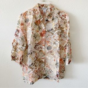 Graff Um Company Linen Blend Sheer Asian Floral Button Down Women's Shirt Large